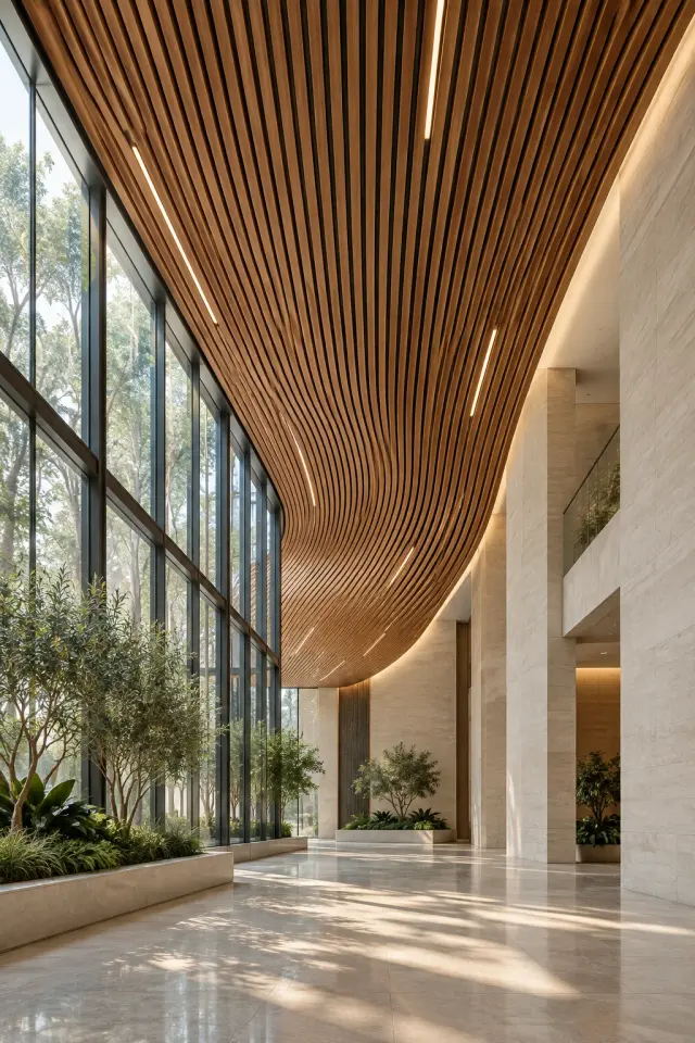 AI-generated concept: Large architectural interior with repeated warm-toned linear ceiling panels sweeping across the space.