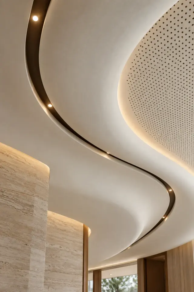 AI-generated concept: Curving perforated ceiling plane with a dark recessed lighting channel and warm integrated downlights.