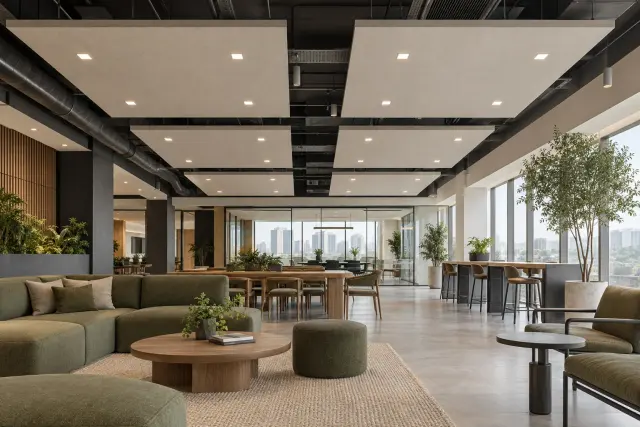 AI-generated concept: Contemporary workplace lounge with suspended rectangular acoustic ceiling islands and integrated square lights.