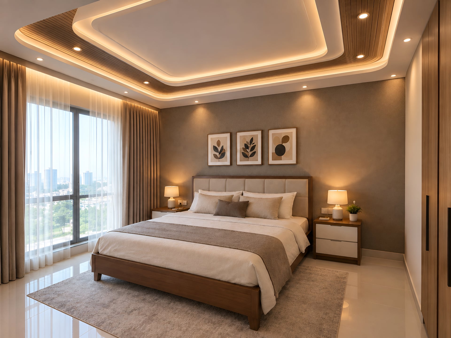 Bedroom with a layered false ceiling, wood-effect detailing, warm cove lighting and recessed spotlights.