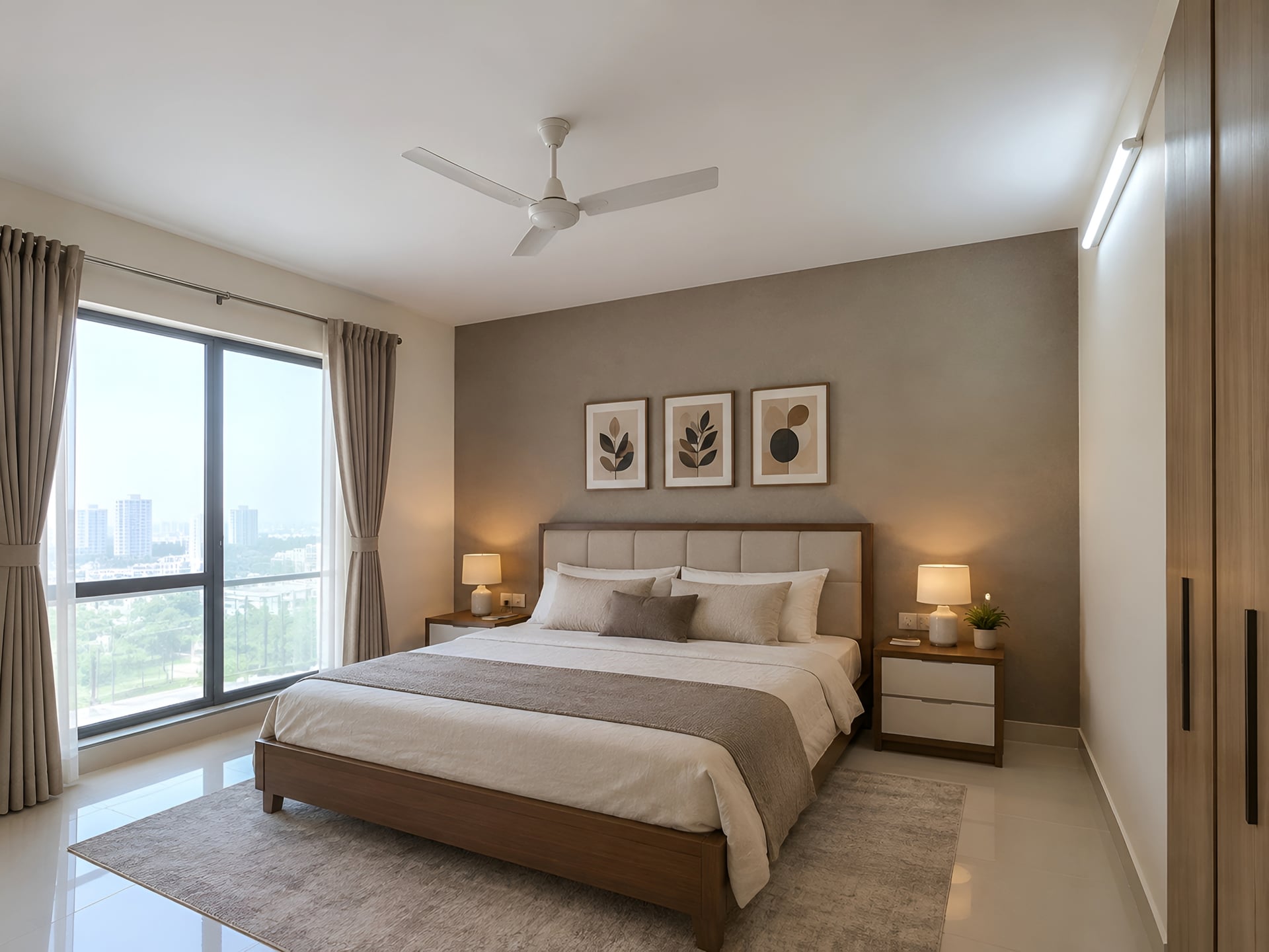 Bedroom with a plain white ceiling, ceiling fan and wall-mounted tube light.
