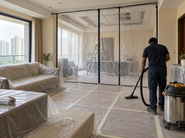 Illustration of a protected apartment work area with a dust-containment partition and vacuum cleaning.