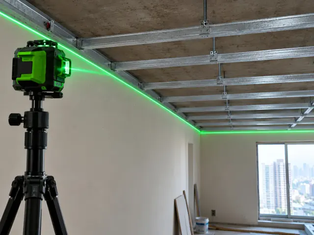 Green laser level aligning the metal framing beneath an apartment ceiling.