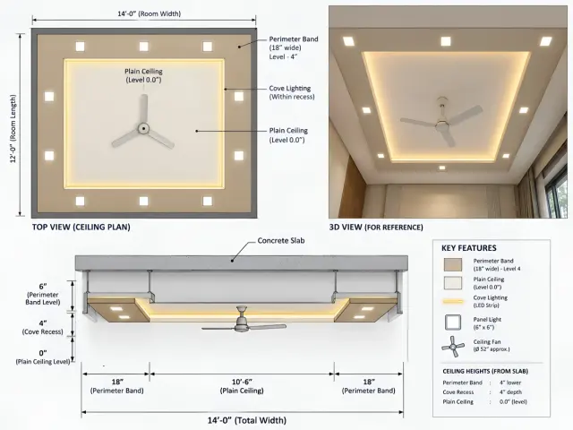 Dimensioned ceiling working drawing with a top view, section and three-dimensional reference.